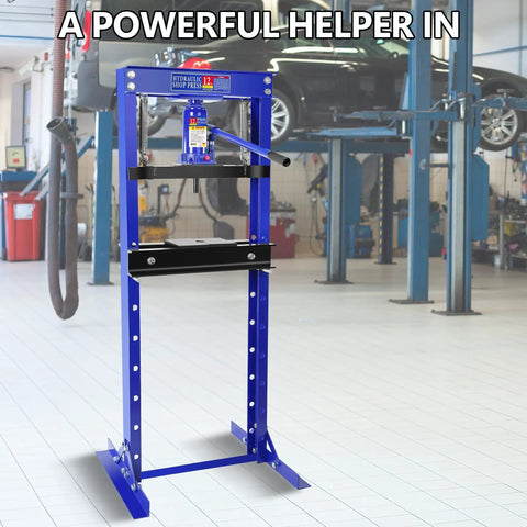Beefy 12 Ton Hydraulic H-Frame Shop Press with Adjustable Floor Stand in a garage setting, visible blue steel frame.