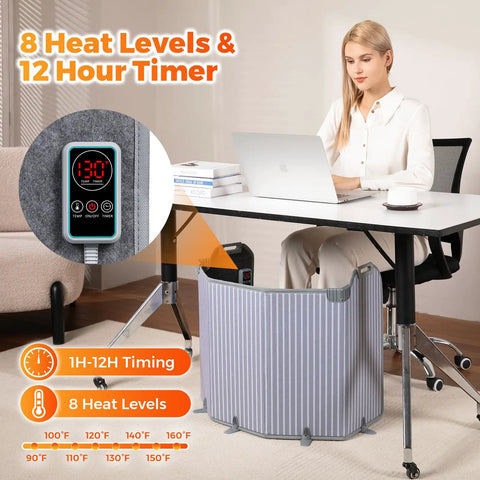 Woman using Quiet Under Desk Space Heater For Office And Home with Portable Electric Foot Warmer and 12 Hour Timer