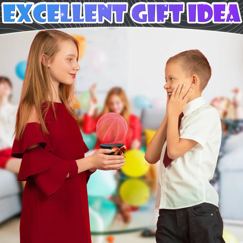 Two children exchanging a Lit Basketball Night Light For Kids Room With 3D LED Hoop Lamp In Seven Color Changing Modes