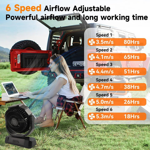 Woman using laptop beside 40,000mAh Battery Powered Camping Fan With Remote, 12-Inch Portable Personal Tent Fan, LED Lantern