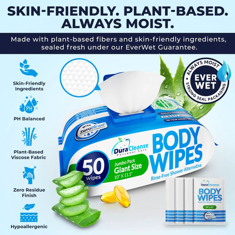 No Rinse Bath Wipes For Adults XL Thick Cleansing Wipes Bundle shown with aloe and packaging features