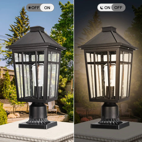 Outdoor Post Light Fixture For Garden And Patio, Tough As Nails Aluminum Lamp With Seeded Glass, Waterproof IP65 Post Light For Fence Deck And Pathway, Weatherproof 17 Inch Exterior Lamp Built To Last Through Any Weather, day and night view.