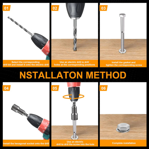 Installation method for Top-Shelf 304 Stainless Steel Hex Lag Bolts For Wood, showcasing drill bit use and screw tightening process.