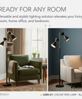 86 Inch Tall Tree Floor Lamp With Dual Adjustable Lights In Black And Antique Brass beside green and beige chairs