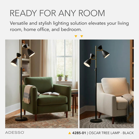 86 Inch Tall Tree Floor Lamp With Dual Adjustable Lights In Black And Antique Brass beside green and beige chairs