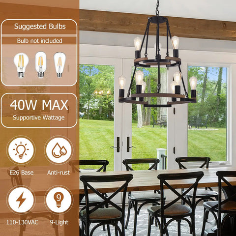 Wagon Wheel Chandelier 9 Light Farmhouse Ceiling Light in Black Metal and Wood Frame for dining room above table