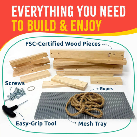 Picnic Table Bird Feeder Kit For DIY Family Fun With Tools And Paint Set FSC Certified New Zealand Pine Backyard Nature Activity For Kids Ages 6 And Up kit contents including wood pieces, screws, tool, mesh, and rope.