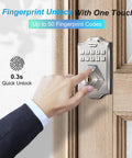 Hand using KS2 Fingerprint Keyless Entry Deadbolt With Keypad Smart Lock For Front Door, Code Access, Satin Nickel color.