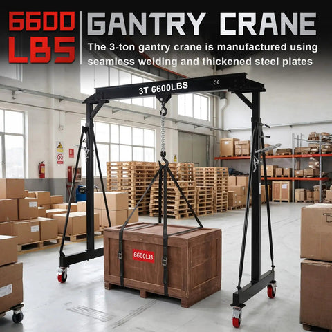 Ridiculously Strong 3 Ton Gantry Crane in warehouse, adjustable height, lifting wooden crate, heavy duty steel construction.