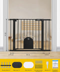 Wide Auto Close Baby Gate With Cat Door For Easy Walk Through Adjustable 29.7 To 40.6 Inches in doorway with dimensions.
