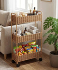 Ultra Slim 3 Tier Rolling Storage Cart for Small Spaces Narrow 7.1 Inch Wide Mobile Shelving Unit in living room with items