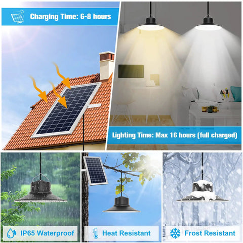 Solar Pendant Lights Outdoor Indoor 3 Color Dimmable With Remote Control, IP65 Waterproof Gazebo Lighting charging and in use