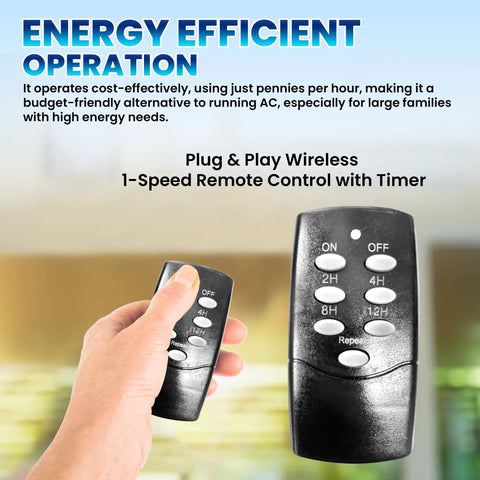 Remote control for Ultra Quiet Whole House Fan With Remote Control Is A Game Changer For Cooling, features 1-speed with timer.