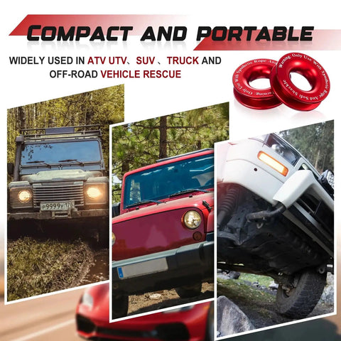 Two Pack Winch Snatch Recovery Ring Block Pulleys 66,000 Lbs For SUV UTV ATV Off Road Trucks Towing Ring With Synthetic Rope And Soft Shackle Red Heavy Duty Recovery Gear Tough Trails, red aluminum alloy rings for SUV, UTV, ATV rescue