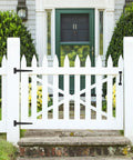 Heavy Duty Wood Gate Hardware Kit With Four 8 Inch Hinges Two Self Adjusting Latches Two Door Handles Screws Included Black Finish For Outdoor Fence Swing Gates Easy Install And Durable Outdoor Gate Hardware on white wood gate