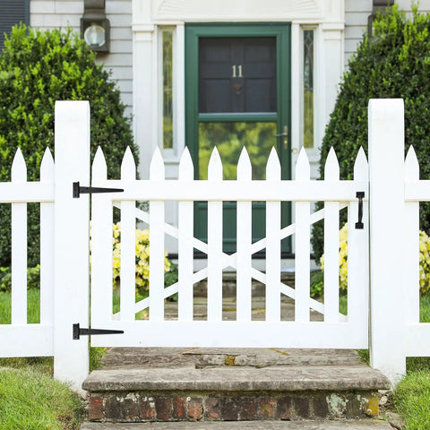 Heavy Duty Wood Gate Hardware Kit With Four 8 Inch Hinges Two Self Adjusting Latches Two Door Handles Screws Included Black Finish For Outdoor Fence Swing Gates Easy Install And Durable Outdoor Gate Hardware on white wood gate