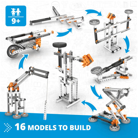 16 In 1 STEM Building Kit For Kids 9 Plus With Levers And Linkages Hands On Engineering Toys featuring model diagrams on blue background