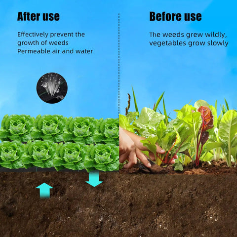 Heavy Duty 6 By 300 Ft Weed Barrier Landscape Fabric Three Point Two Oz Ground Cover Garden Mat Premium Erosion Control and No Fuss Weed Blocking For Your Yard Upgrade before and after use comparison with vegetables