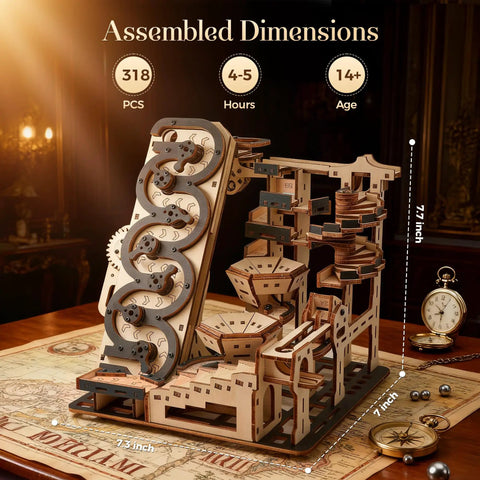 Electric Rolling Ball Maze Kit A 3D Wooden Puzzle For Adults And Teens, Mechanical Kinetic Art Building Set, DIY Brain Teaser Desk Decor For Home Office, Cool Gift For Ages 14 And Up, 7.7 inch assembled