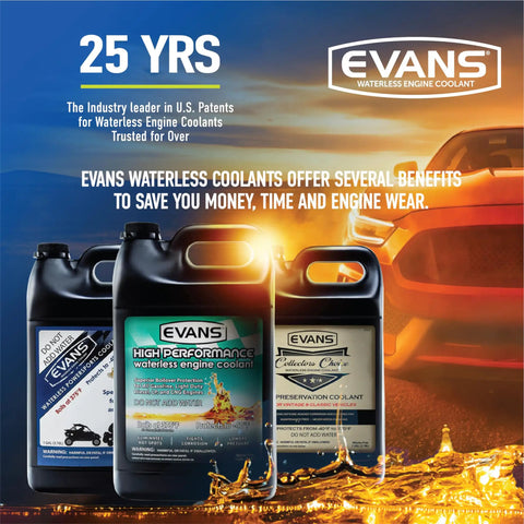 Three bottles of Evans Waterless Engine Coolant including High Performance blend, one gallon each, on a colorful background.