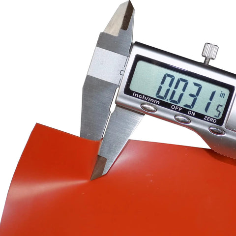 Caliper measuring Red Silicone Rubber Sheet 60A Durometer One Thirty Second Inch Thick Nine By Twelve Inch No Adhesive Backing High Temp Gasket