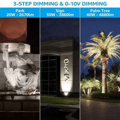 All In One Versatile LED Bullet Flood Light illuminating statue, building sign, and palm tree with 20W, 30W, 40W options