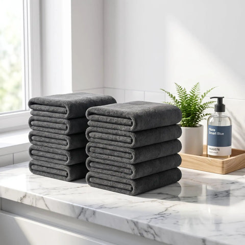 Black Must-Have Thick Reusable Microfiber Cloths For Kitchen And Car, 16 By 12 Inch, 5 Pack, folded on marble counter