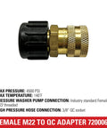 Brass QC socket adapter for pressure washers, female M22, gold with black plastic knob (side view)