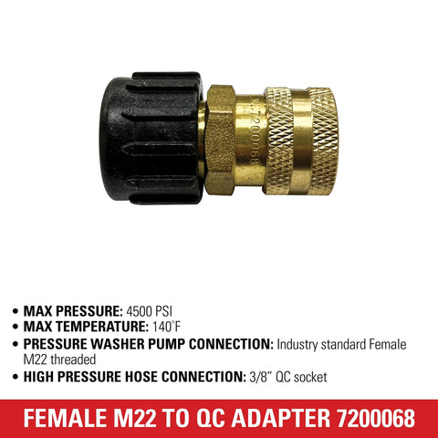 Brass QC socket adapter for pressure washers, female M22, gold with black plastic knob (side view)