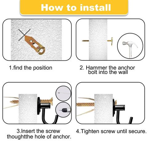 Installation guide for 420Pcs Self Drilling Drywall Anchors with Screws Kit, showing steps for using zinc plated anchors and screws.