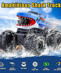 Beast Amphibious Remote Control Shark Monster Truck For Water Play splashing in water, blue RC car with large wheels.