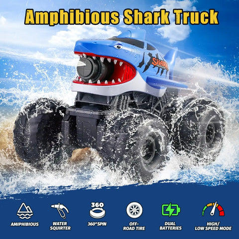 Beast Amphibious Remote Control Shark Monster Truck For Water Play splashing in water, blue RC car with large wheels.