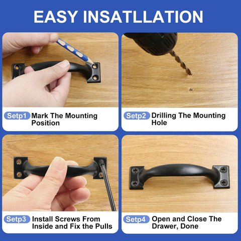 Installation steps for 4 Inch Black Iron Cabinet Pulls Pack Of 2 With Ergonomic Grip, Vintage Rustic Style Solid Iron Handles.