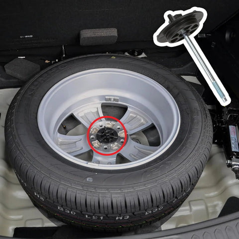 Spare Tire Hold Down Bolt Clamp For Kia Sportage 2010 2015 And Hyundai Tucson 2004 2006 Fixing Screw Retainer shown in trunk with tire