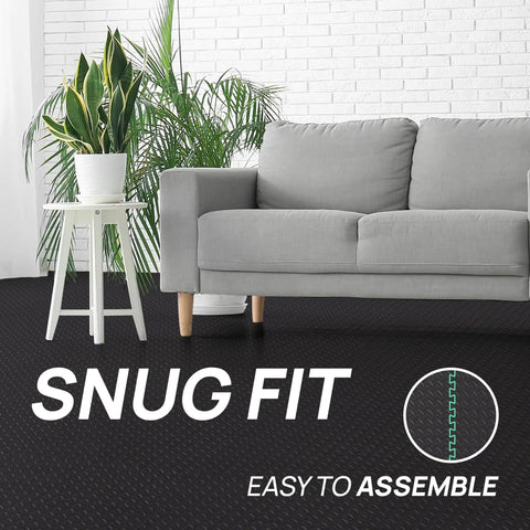 Interlocking Foam Floor Tiles 24x24 Puzzle Mats With Border 7/16 Inch Thick 24 Sq Ft Coverage Easy Snap Together Flooring For Home Living Room Garage Cushioned Soft Floor Padding For Furniture in a living room setting