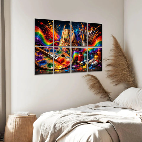 Colorful 8 Pack Self Adhesive Acoustic Panels in art theme for home studio setup, featuring paint palette and brushes.