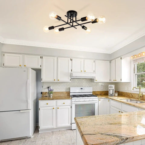 6 Lights Semi Flush Mount Modern Ceiling Light Fixture With Industrial Black Metal Sputnik Chandelier in a modern kitchen