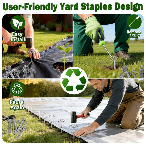 Heavy Duty 8 Gauge Landscape Staples Pins for Weed Barrier Fabric 6 Inch Galvanized Stakes with Removal Tool 120 Pack in use