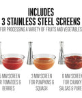 Weston Deluxe Electric Tomato Strainer And Food Mill Sauce Maker with 3 stainless steel screens for various fruits and vegetables.