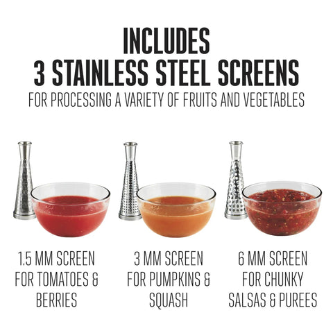 Weston Deluxe Electric Tomato Strainer And Food Mill Sauce Maker with 3 stainless steel screens for various fruits and vegetables.