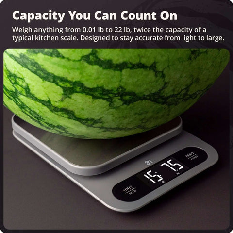 Digital food scale weighing watermelon, featuring stainless steel platform and high-definition LCD for Beast Mode Kitchen Scale For Bulk Cooking 22 Pound Digital Food Scale With 1 Gram Precision