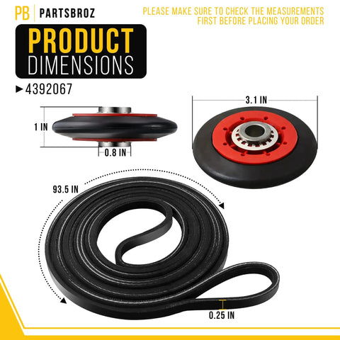 Dryer Repair Kit 4392067 For Whirlpool Duet Front Load Dryers With Belt 661570 and Roller dimensions displayed