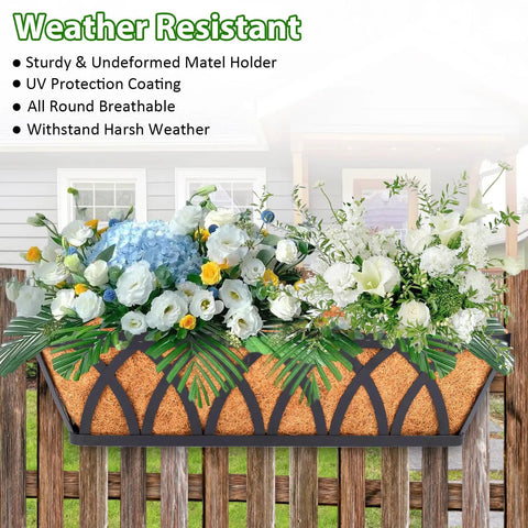 Three Pack 24 Inch Deck Railing Planter With Coconut Coir Liner filled with flowers attached to a wooden fence outdoors.