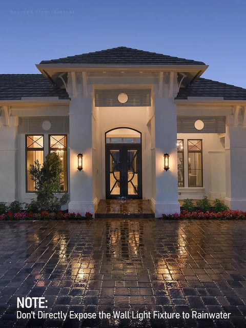 Outdoor porch with Large 23 Inch Outdoor Wall Lantern With Classic Gas Lamp Vibe in oil rubbed bronze, lighting entrance.