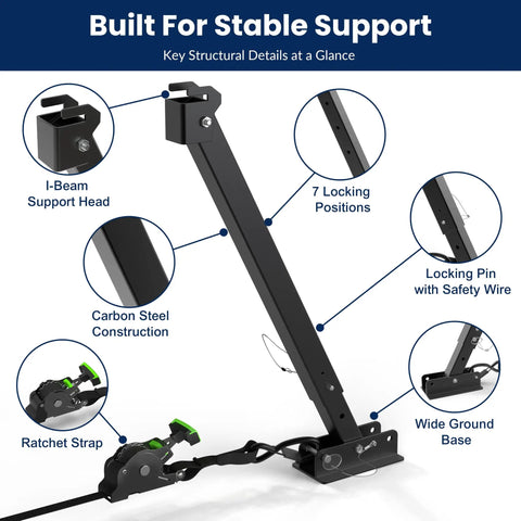 Bounce Killer RV I Beam Stabilizer Jack Cross Frame Ratchet Mount showing adjustable I-Beam support, carbon steel, and ratchet strap.