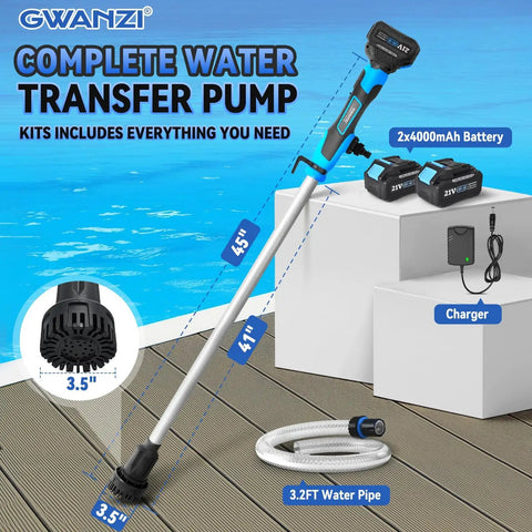 Cordless Stick Water Transfer Pump 720 GPH With Three Quarter Inch Outlet 2x4000mAh 21V Batteries And Charger Up To 90 Minute Run Time Outdoor Ready Garden Farm Water Transfer Hot Tub Pool RV Boat Draining.