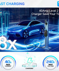 Level 2 EV Charger 40 Amp 9.6kW Lightning Fast Home Charge With 25 Foot Cable NEMA 14 50 Plug shown beside electric car