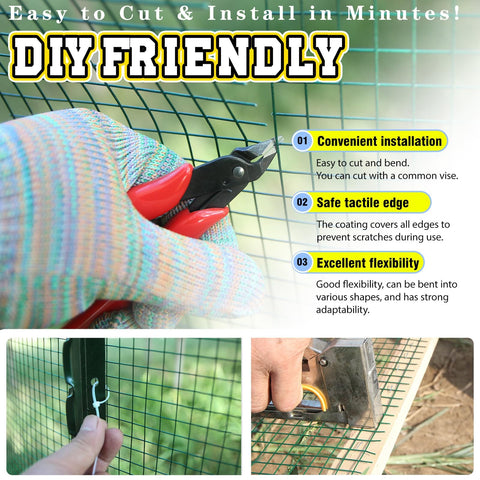 Beefed Up Hardware Cloth One Half Inch Mesh 48 Inch Wide 100 Foot Long Vinyl PVC Coated Welded Wire Mesh being cut with pliers