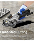 Professional Handheld Electric Circular Saw Featuring Quick Set Cutting Guide And High Torque Copper Motor Slams Right Through Plywood Tile And Plastic Pipes With Dead Steady 3500 Rpm Speed, cutting through tiles.