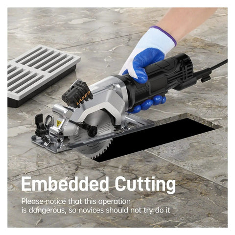 Professional Handheld Electric Circular Saw Featuring Quick Set Cutting Guide And High Torque Copper Motor Slams Right Through Plywood Tile And Plastic Pipes With Dead Steady 3500 Rpm Speed, cutting through tiles.